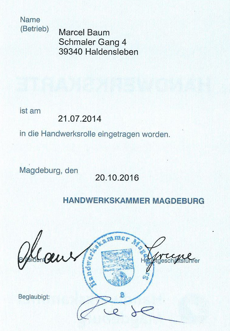 Handwerkerkarte Sachverst&auml;ndiger Marcel Baum Haldensleben