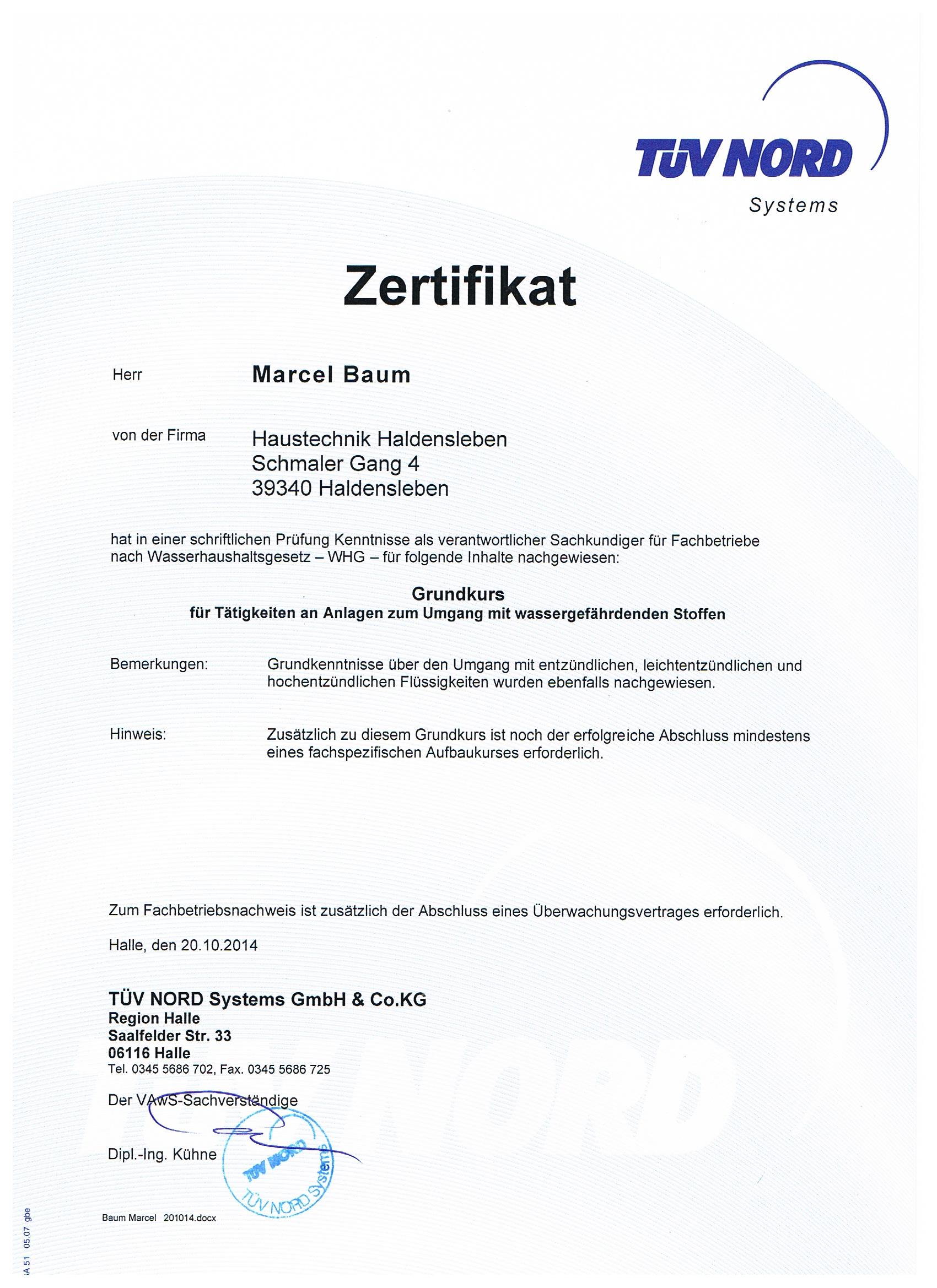 TÜV Nord Zertifikat 1 – Sachverst&auml;ndigenbüro Haldensleben