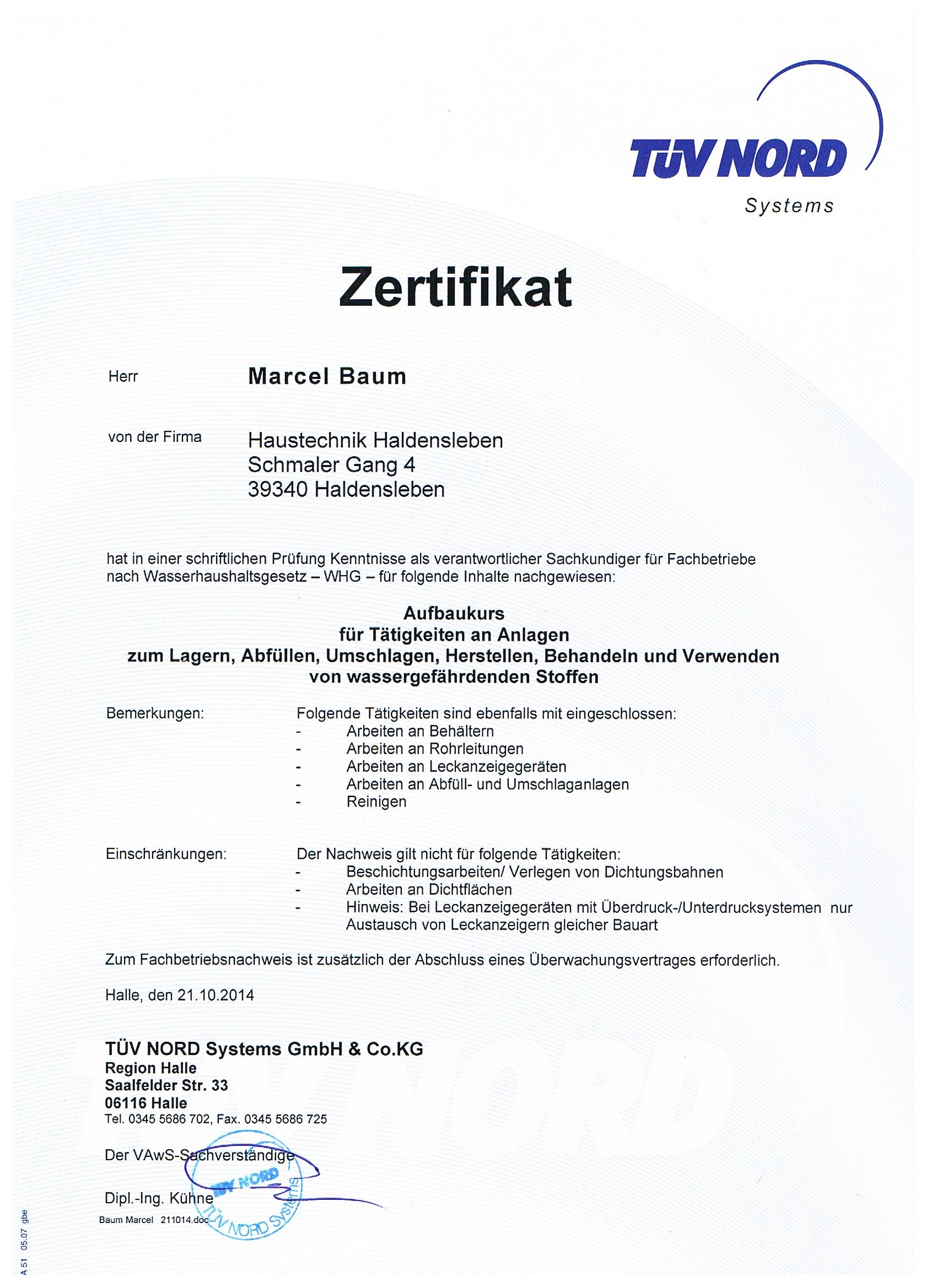TÜV Nord Zertifikat 2 – Marcel Baum